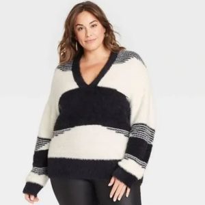 Knox Rose V-Neck Eyelash Stripe Pullover Sweater